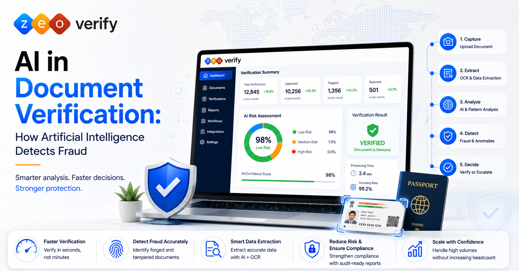 ZeoVerify dashboard showing AI risk assessment with 98% low risk score, verification summary, and 5-step process for capturing, extracting, analyzing, detecting, and deciding on document authenticity