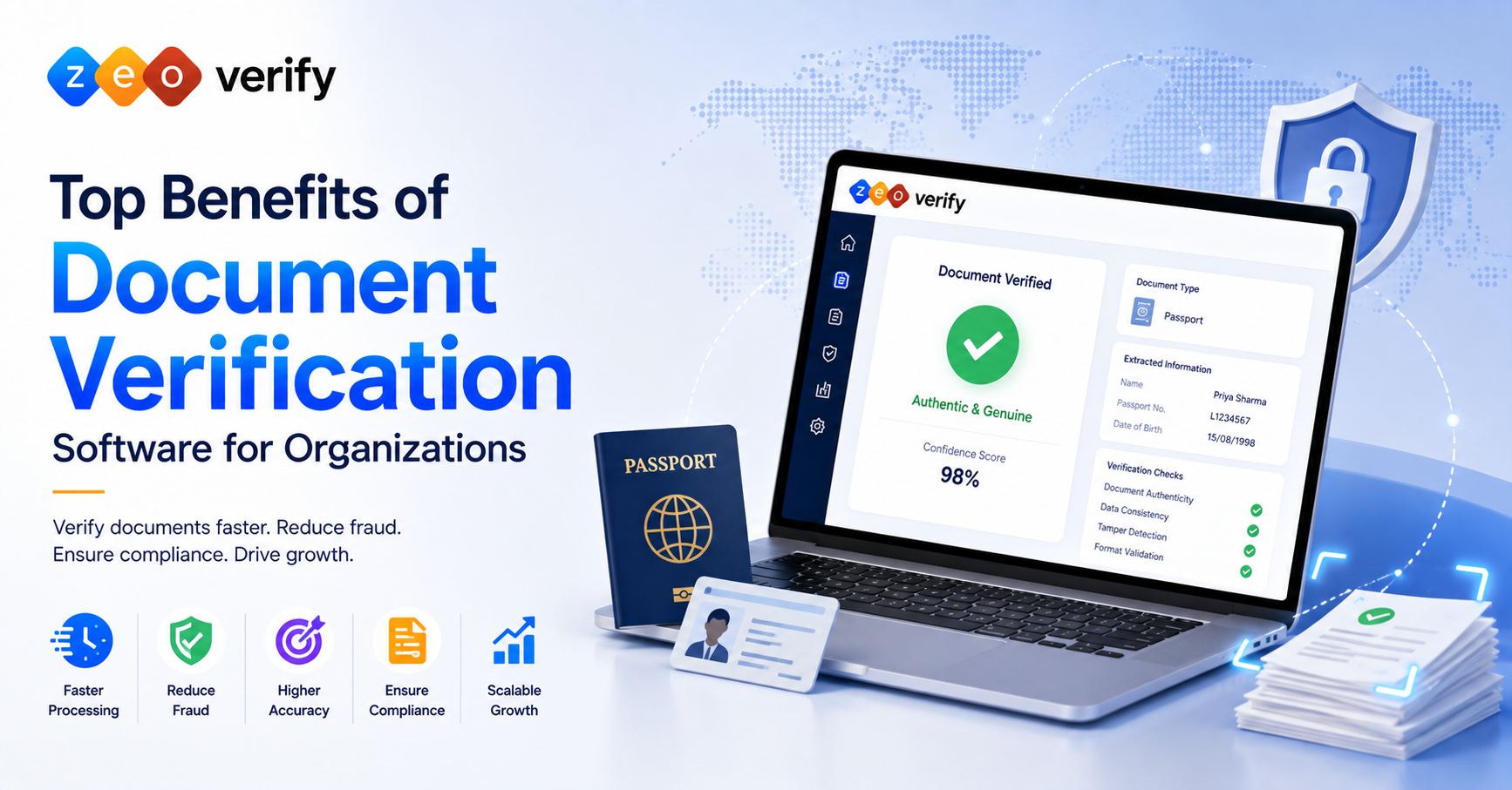 ZeoVerify dashboard showing a verified passport with 98% confidence score, extracted information, and passed verification checks for document authenticity and fraud detection