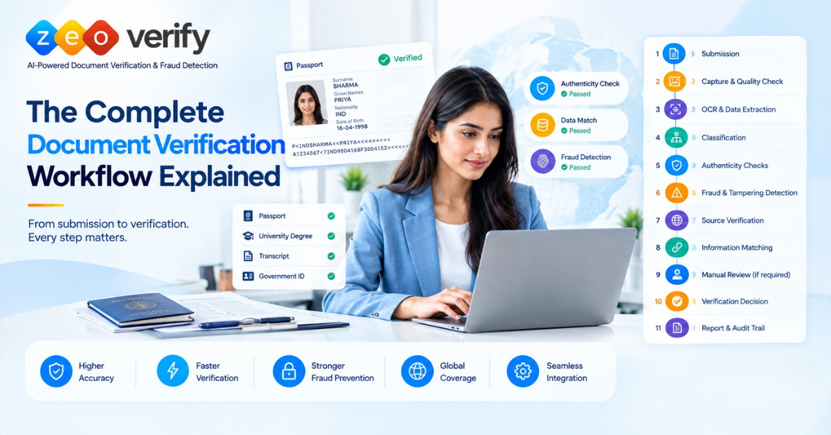 ZeoVerify 11-step document verification workflow from submission to report and audit trail, with a verified passport, authenticity check, data match, and fraud detection results