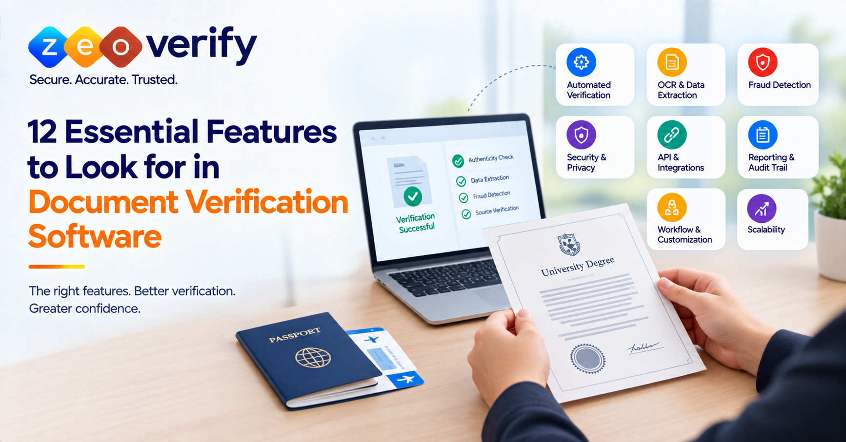 ZeoVerify banner titled "12 Essential Features to Look for in Document Verification Software" showing a person holding a university degree beside a passport and a laptop displaying a "Verification Successful" screen with authenticity, data extraction, fraud detection and source verification checks, alongside icons for automated verification, OCR and data extraction, fraud detection, security and privacy, API and integrations, reporting and audit trail, workflow and customization, and scalability